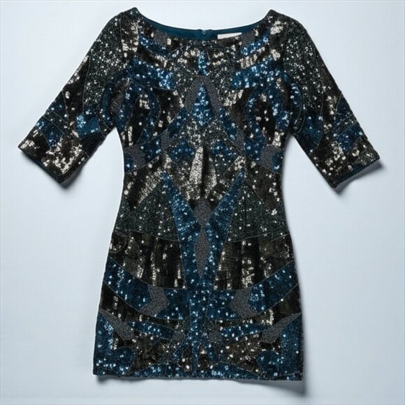 French Connection Sequin Mini Dress Teal and Black | Size 4, Worn Once - Picture 4 of 7